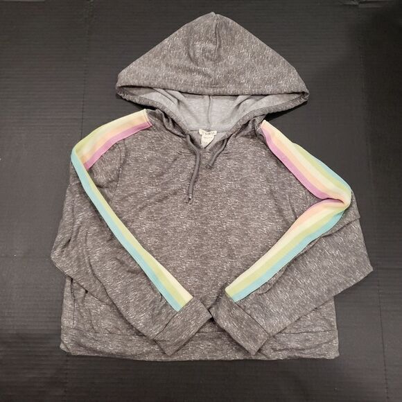 R.Sofia Grey Hoodie Cropped Rainbow Stripes - Picture 1 of 8